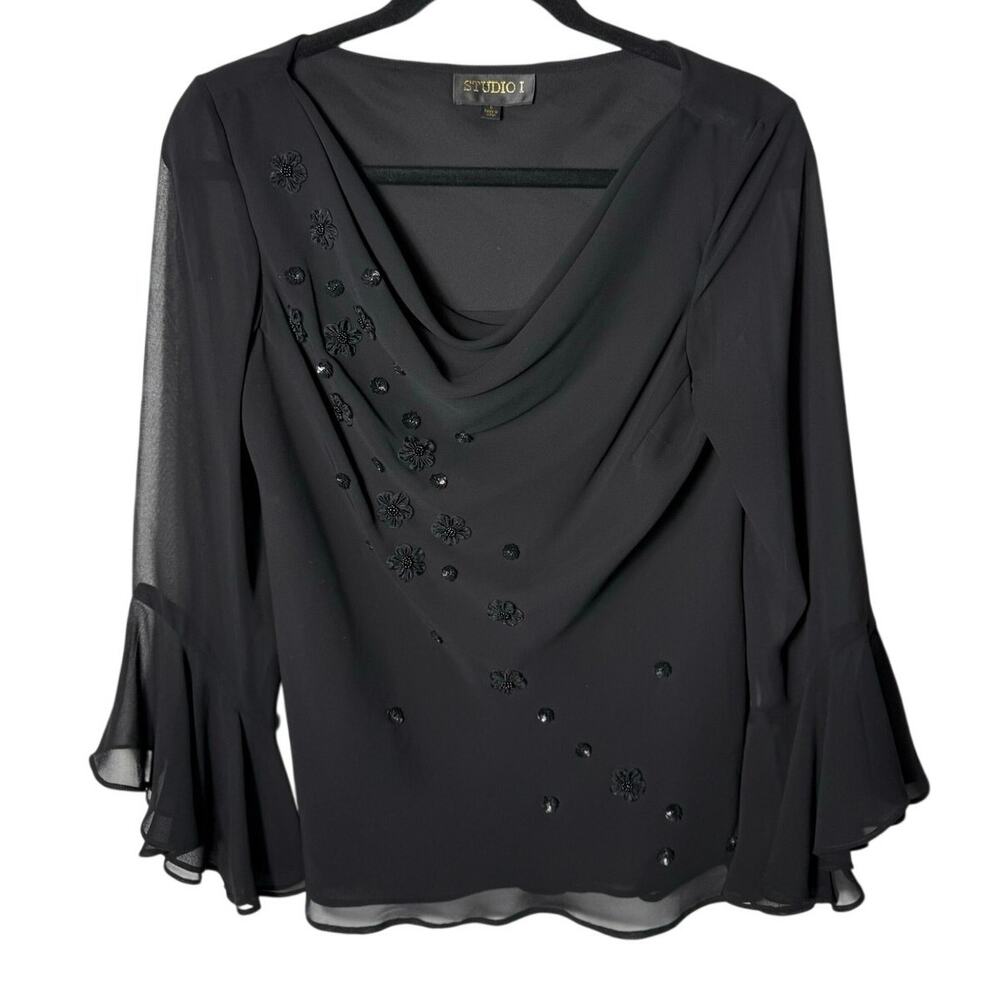 Y2K 6 Black Whimsigoth Fairy Grunge Flare Sleeve Floral Embellished Beaded Top